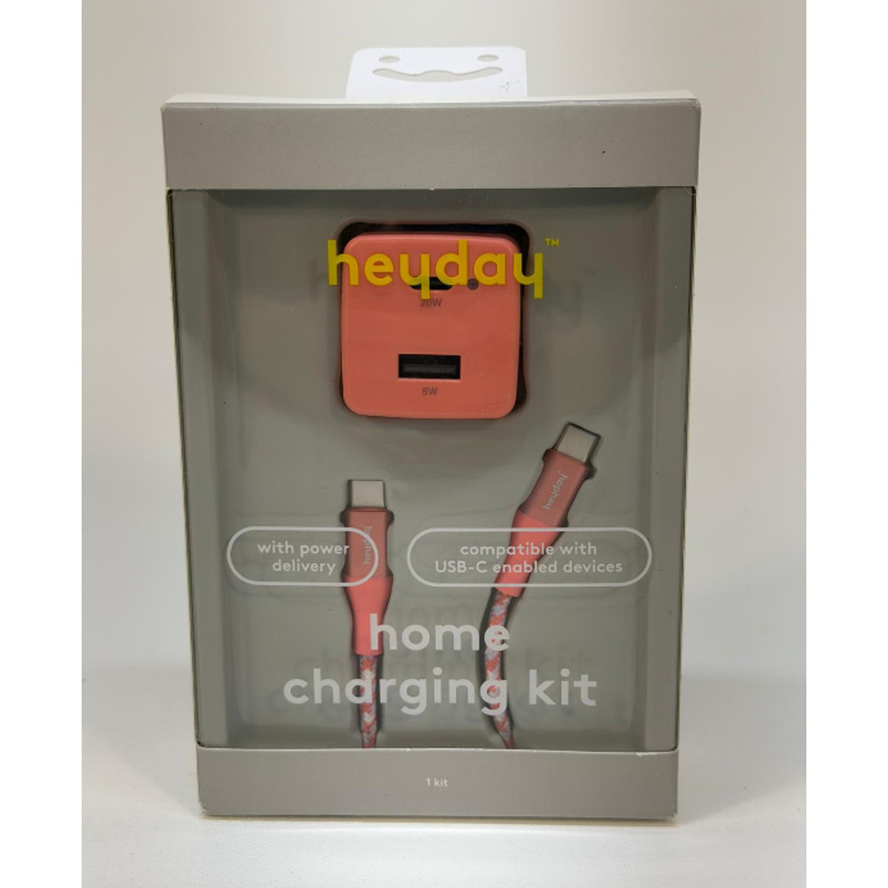 Heyday 2-Port USB-A USB-C Wall Charger with 6' USB-C to USB-C Braided -Cord Pink